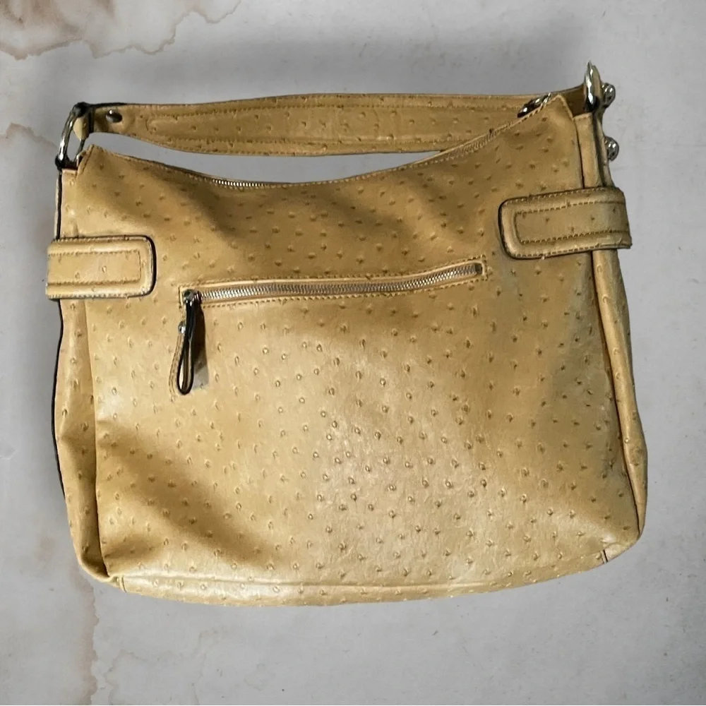 GUESS Enchanted Faux Ostrich Leather Tan and Silver Hobo Bag